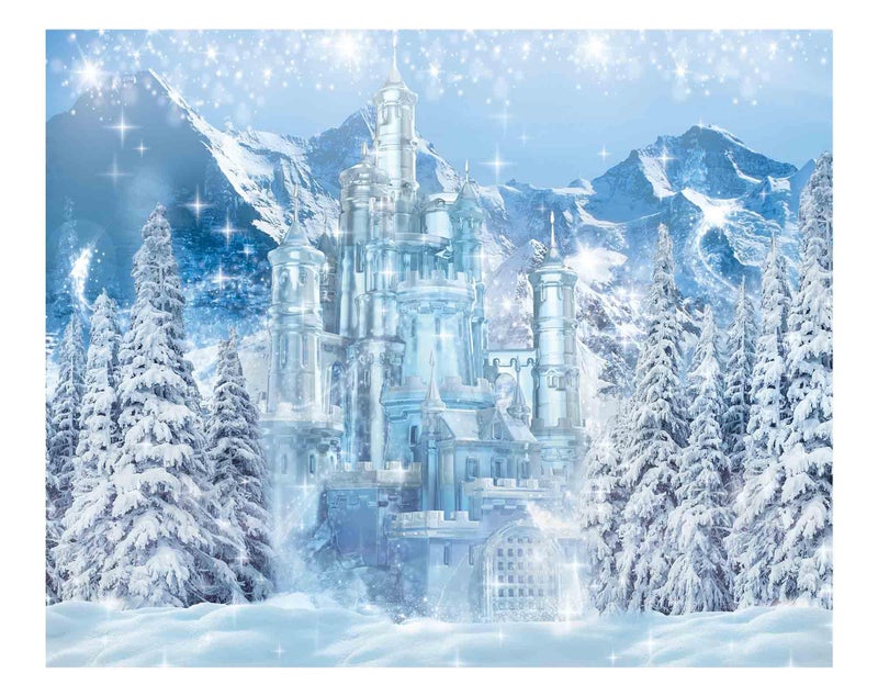 Funnytree 10x8FT Winter Castle Photography Backdrop Blue Ice Forest Wonderland Background Snow Mountian Pine Tree Baby Shower Kids Birthday Party Supplies Decoration Photo Booth Prop - Image 1